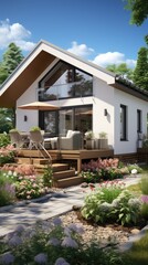 Fototapeta premium Luxurious small white family house with free lot space around it as a garden, small town or rural area, beautiful square house 