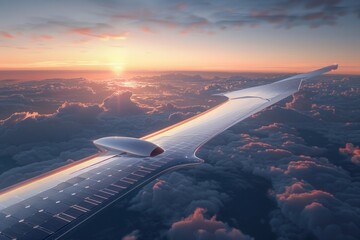 Aerial view of a sleek airplane wing against a vibrant sunset sky, surrounded by soft clouds, evoking a sense of travel and adventure.