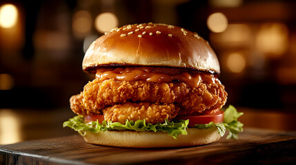 mouthwatering crispy chicken burger with a breaded chicken fillet, crisp lettuce, and juicy tomato, served on a warm brioche bun