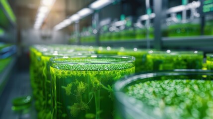 Close-up of vibrant green algae in laboratory jars, showcasing a sustainable and innovative approach to bioengineering.