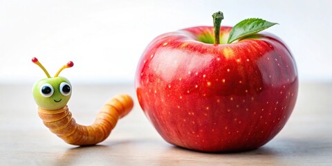 A cute and colorful aerial view of a red apple with a worm