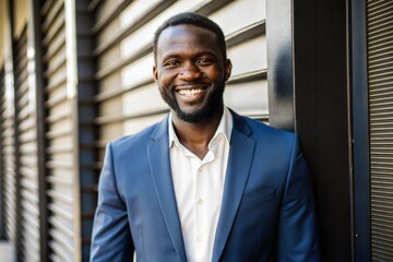 Naklejka premium Smiling african american businessman in blue suit
