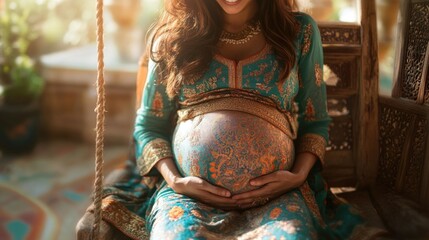 Maternal Serenity: pregnant Indian woman, grace of impending motherhood, portrayed in traditional clothing with cultural motifs, reflecting joy, significance of this special time in her life.