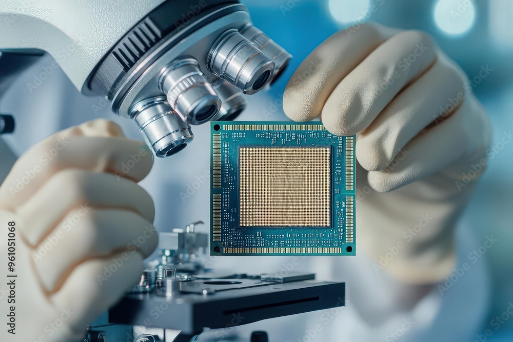 Poster close-up of a technician examining microprocessors under a microscope in a semiconductor factory