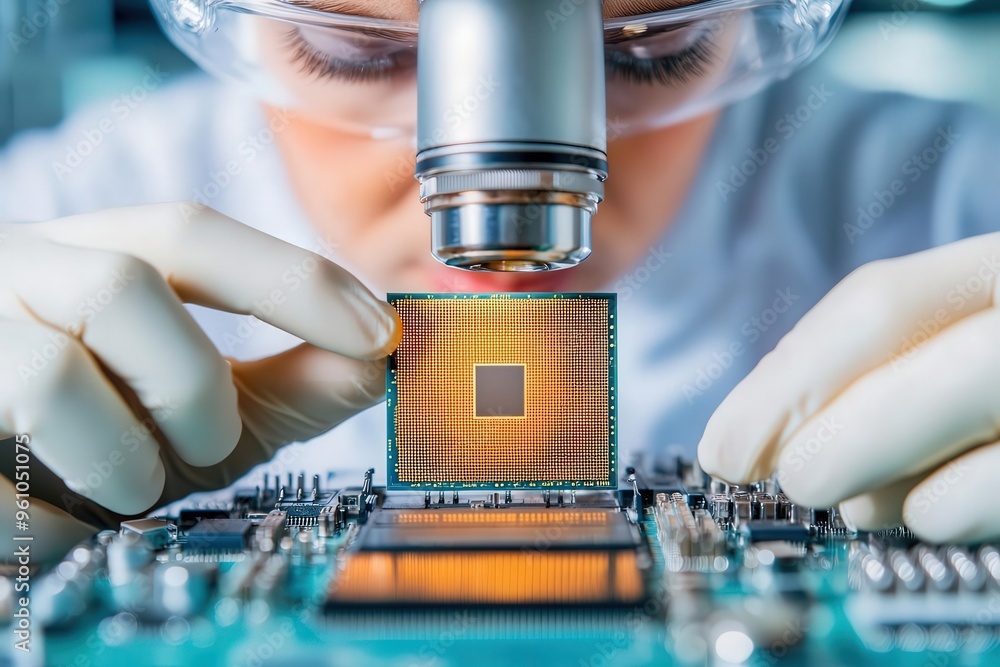 Poster close-up of a technician examining microprocessors under a microscope in a semiconductor factory