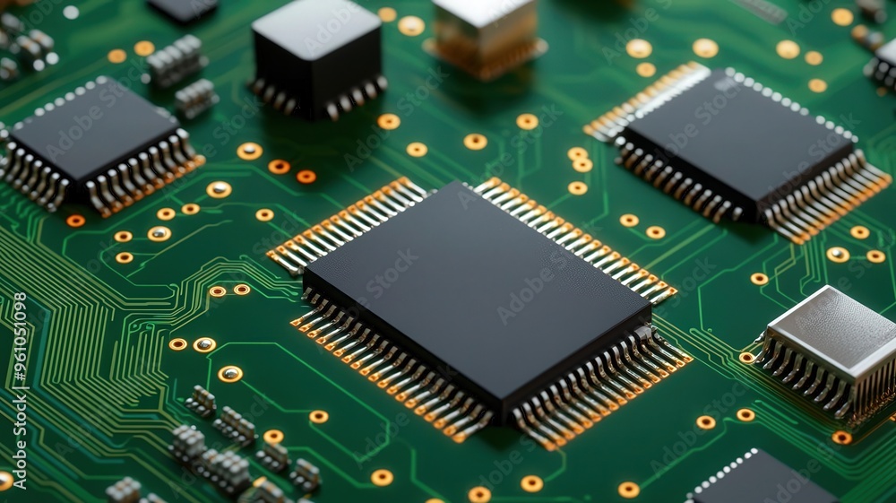 Poster close-up of microprocessor chips being packaged for shipment in a high-tech factory