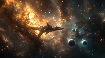 Fototapeta premium A futuristic spacecraft cruising through the stars in a deep, dark galaxy with glowing nebulae and distant planets in the background, highlighting the vastness of space