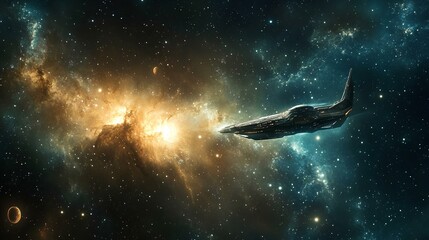 Fototapeta premium A futuristic spacecraft cruising through the stars in a deep, dark galaxy with glowing nebulae and distant planets in the background, highlighting the vastness of space
