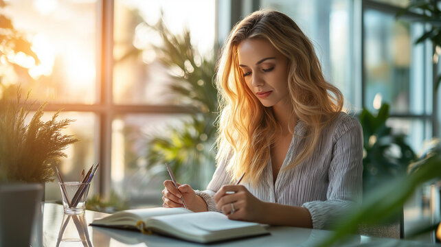 woman making notes in a notebook while seated at a sleek desk in a bright office,