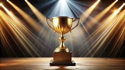 A grand golden trophy shining in the spotlight of an award ceremony