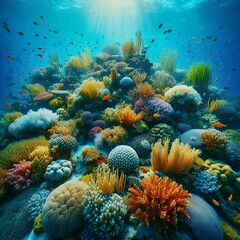 Naklejka premium A peaceful tropical underwater seagrass meadow, seagrass swaying in the current ai generative