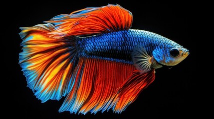 Fototapeta premium A Betta fish swimming against a dark, black background, its vivid colors popping out in contrast, showcasing its striking appearance
