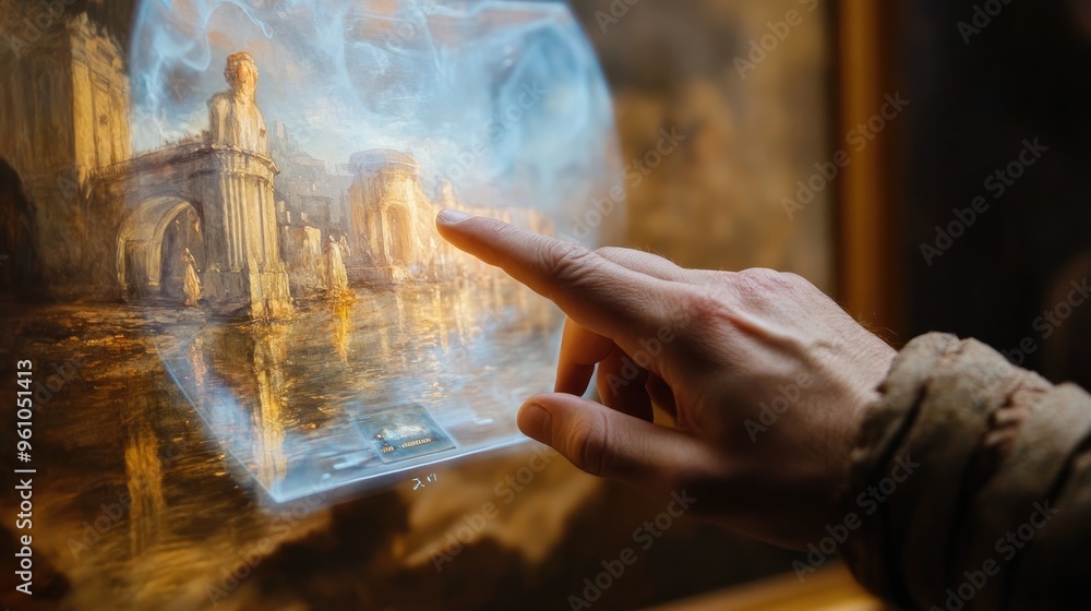 Poster a close-up of a person hand using an augmented reality app to bring a traditional painting to life w