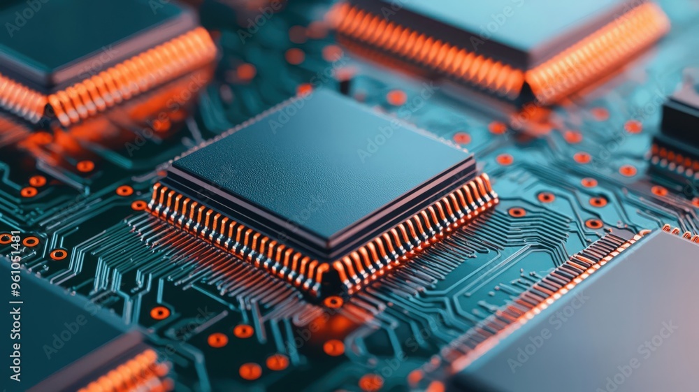 Poster rows of microprocessor chips neatly arranged in a sterile manufacturing environment