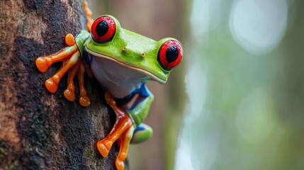 Fototapeta premium A close-up of a vividly colored tree frog with bulging red eyes, clinging to the bark of a tree in the Amazon.