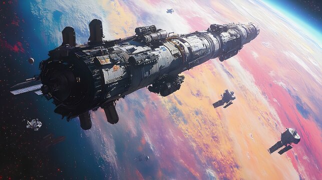 A wide shot of a massive space carrier docking at a space station in low orbit above a colorful planet, with smaller shuttles and satellites hovering nearby