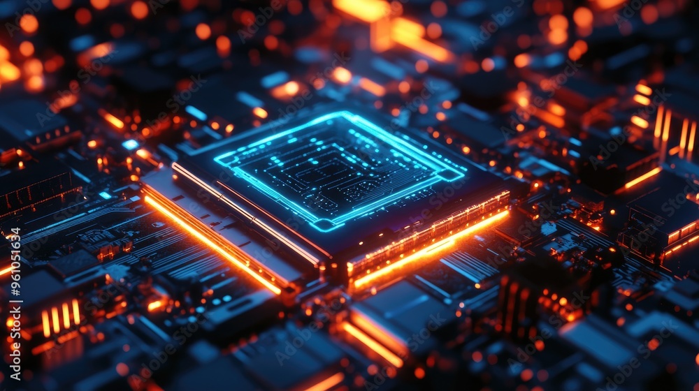 Poster a futuristic concept of an ai processor glowing in neon blue, integrated into a complex circuit boar