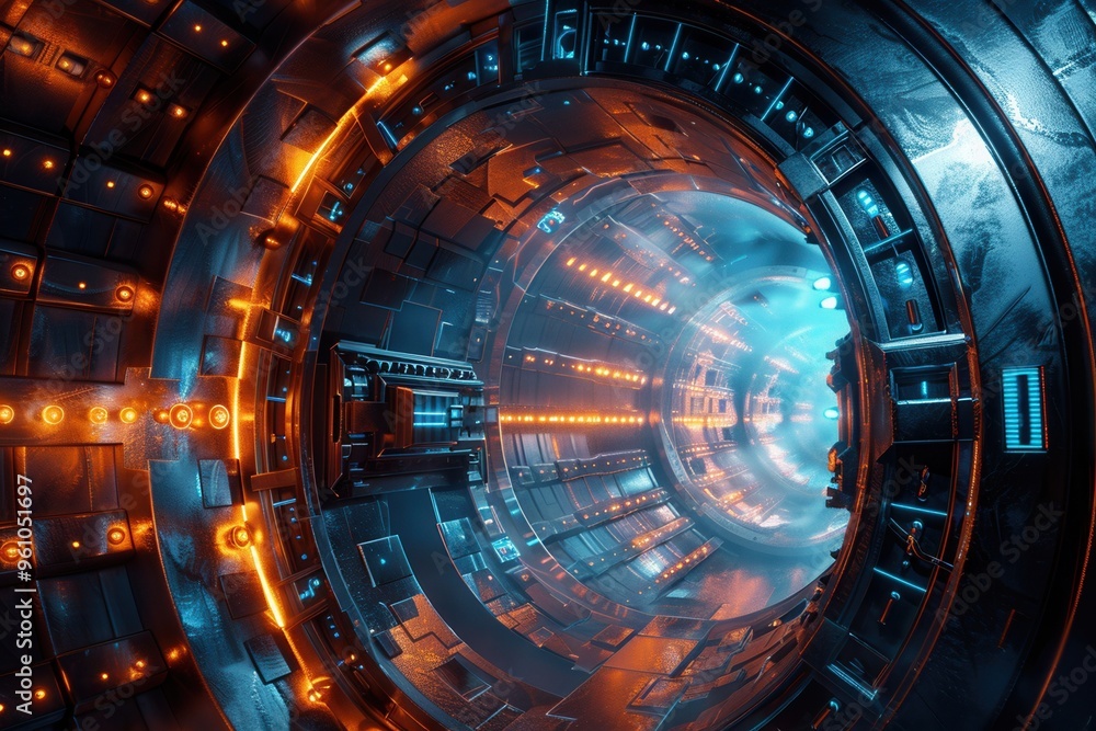 Poster futuristic tunnel with glowing lights, creating a sci-fi atmosphere. captivating visual for technolo