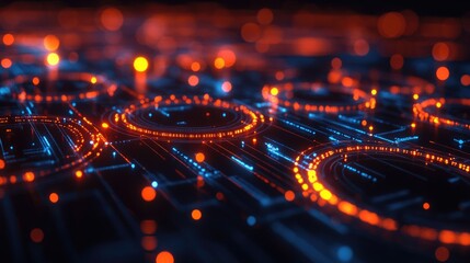 A futuristic design featuring glowing circles connected by dotted lines on a dark background, with a tech-inspired aesthetic.