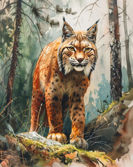 Fototapeta premium Lynx in the forest, lynx in the natural environment, watercolor illustration