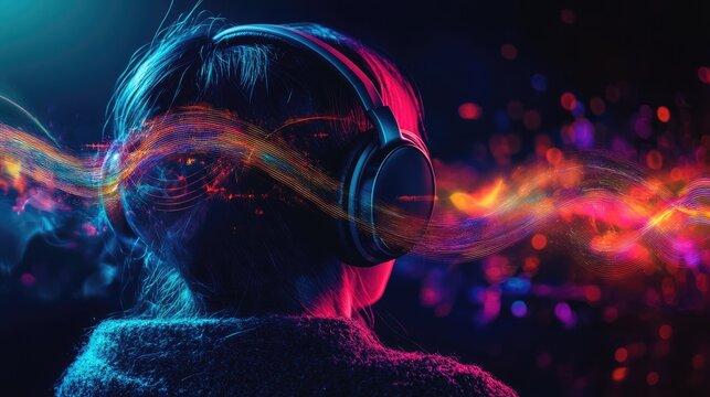 A person wearing headphones, with sound waves flowing from the ears, emphasizing immersive audio experience in a personal space