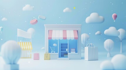 Blue e-commerce shopping background, gifts, goods, stores