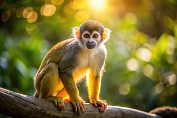 Obraz premium A Saimiri sciureus monkey perched in a tree with backlight