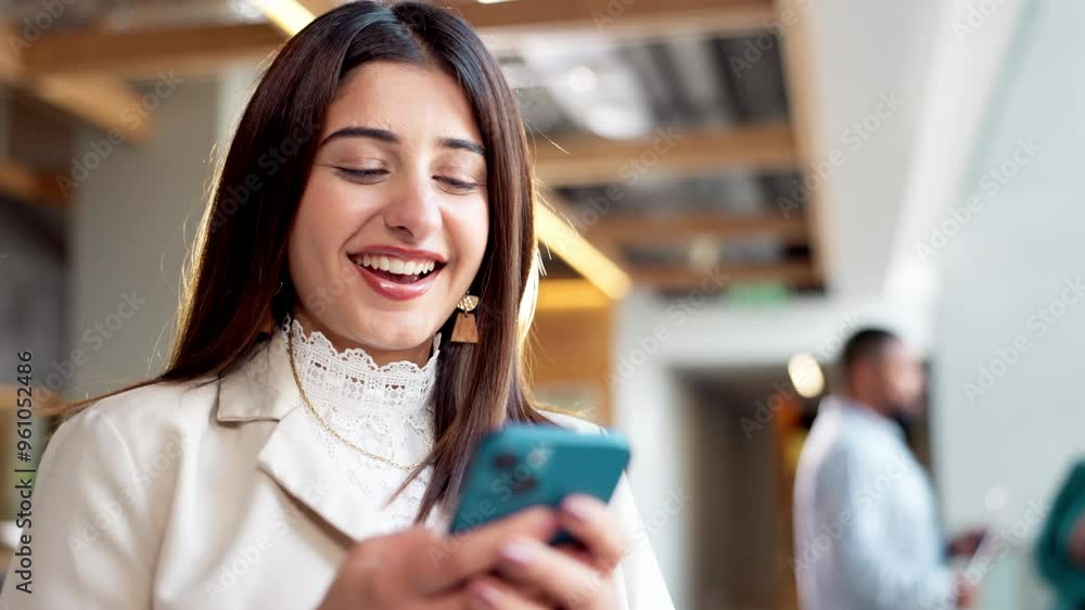 Poster office, woman and happy with smartphone for email notification, text message and entertainment. busi