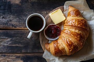 A delicious breakfast scene featuring a croissant, jam, butter, and coffee.