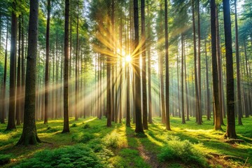 Obraz premium A serene forest scene with morning sunlight filtering through the trees
