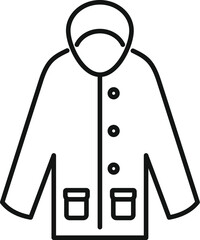Simple vector icon of a warm winter jacket with buttons, a hood, and two pockets, isolated on a white background
