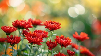 Close-up of vibrant red chrysanthemums on a blurred background in a garden, with copy space.