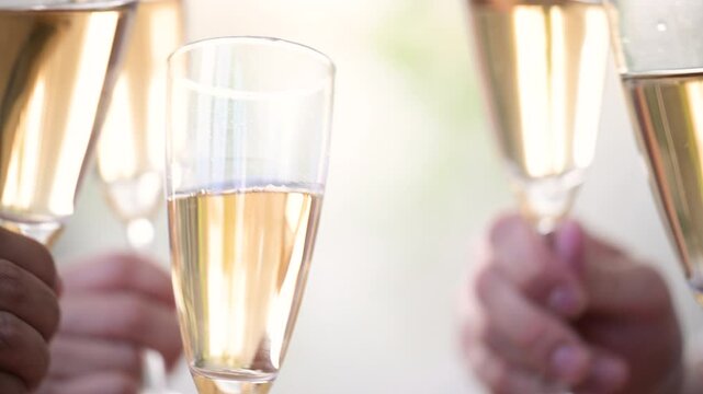 Image of toasting with champagne or wine glass Close-up animation of hands without face Slow