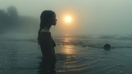Woman silhouetted in water with the sunrise in the background.