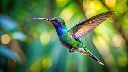 Fototapeta premium A vibrant hummingbird flying among lush tropical foliage