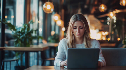 Fototapeta premium woman in business casual attire, working on a laptop at a modern co-working space,