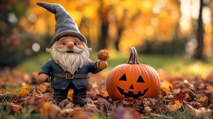 Obraz premium Adorable Halloween Scene Featuring a Cute Gnome and a Festive Pumpkin Set. Perfect for Seasonal Decorations and Holiday Celebrations