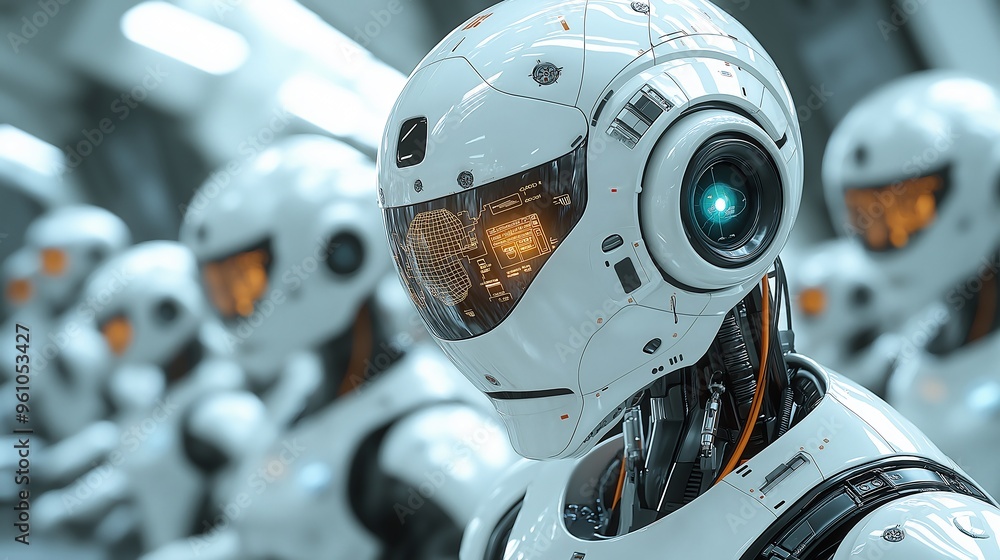 Poster futuristic robot head with hud display