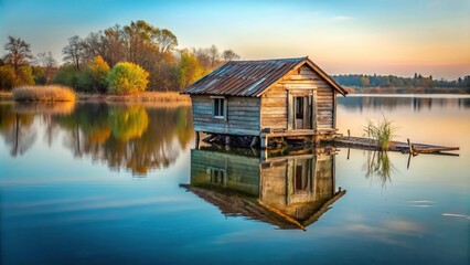 Obraz premium Abandoned fishing cabin on lake shore