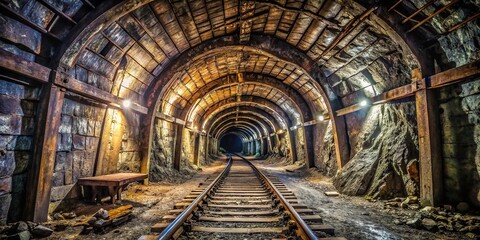Abandoned coal mine tunnel with trolley tracks Extreme Close-Up