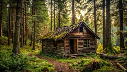 Abandoned forest cabin in a medium shot