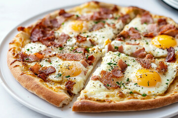 A slice of bacon and egg pizza on a white plate. The pizza is cut in half and has a generous amount of bacon and eggs on top