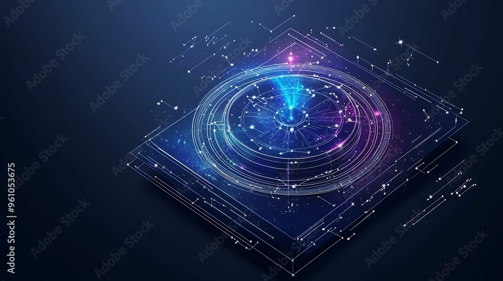 Poster mystical zodiac fortune-telling isometric doodle with celestial elements in minimal abstract backgro