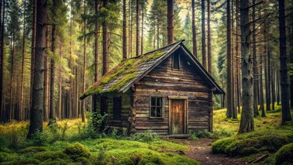 Abandoned wooden house in dense forest captured with Macro lens, creating an eerie atmosphere