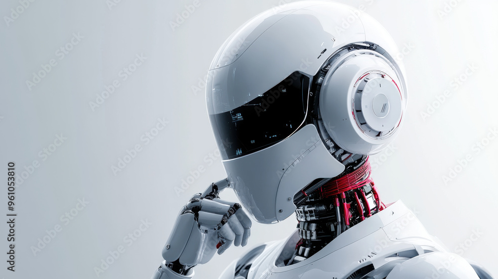 Poster a futuristic white humanoid robot in a thinking pose, highlighting advanced robotics and artificial 
