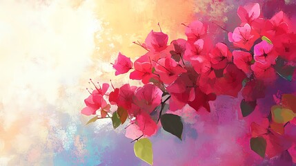 Vibrant pink bougainvillea flowers against a colorful abstract background, perfect for adding a touch of nature to your design.
