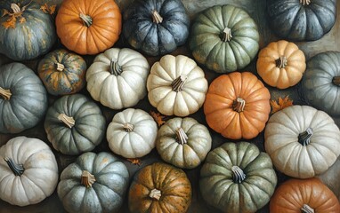 realistic painting featuring pumpkins of different shapes and sizes from top view, including green and white varieties, muted tones