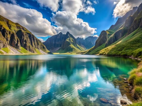 Lake Pinatubo, Philippines (A crater lake formed after the 1991 eruption of Mount Pinatubo) in the afternoon capturing the gentle ripples on the lake's surface, created by a soft afternoon breeze.