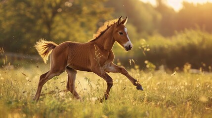 Obraz premium A little pony in a meadow, exploring its surroundings with curiosity and enthusiasm.