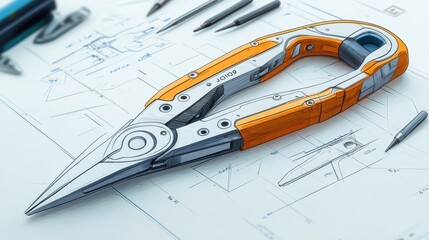 Technical drawing of pliers, showcasing the handle structure with detailed perspective lines, subtle color overlays on the grip